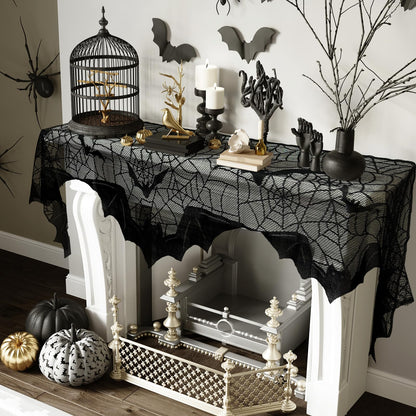 AerWo Halloween Decorations Indoor Fireplace Mantel Scarf, Black Lace Spiderweb Fireplace Cover for Halloween Mantle Decor Festive Party Supplies,20x79 inches