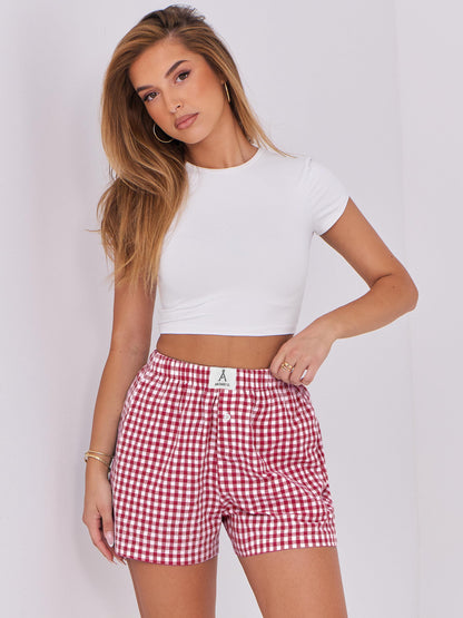 ANRABESS Boxer Shorts for Women Gingham Pajama 2025 Summer Casual Lounge Sleep Plaid Shorts Y2K Beach Bottoms Red White Plaid Medium