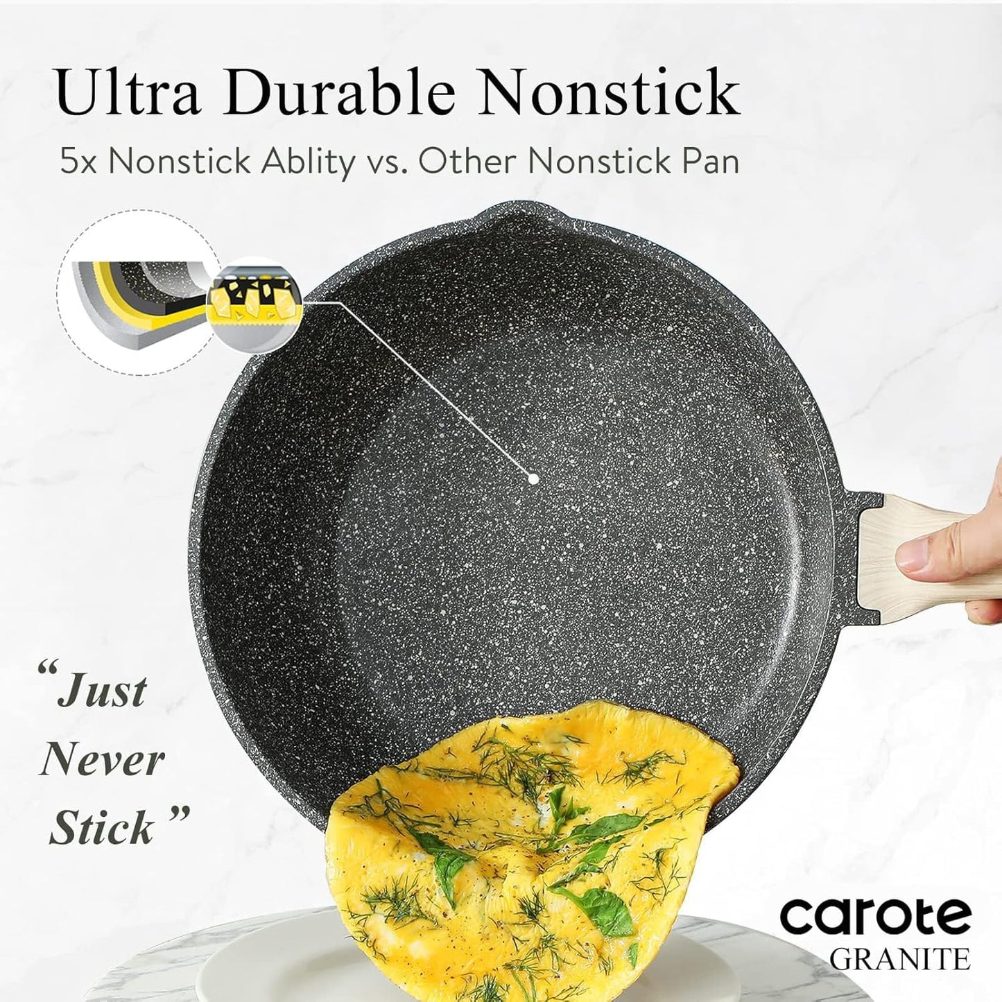 CAROTE 10Inch Nonstick Deep Frying Pan with Lid, 4.5 Qt Jumbo Cooker Saute Pan with Pour Spout, Skillet Induction Cookware, Non Stick Cooking Pan PFOA Free, Classic Granite