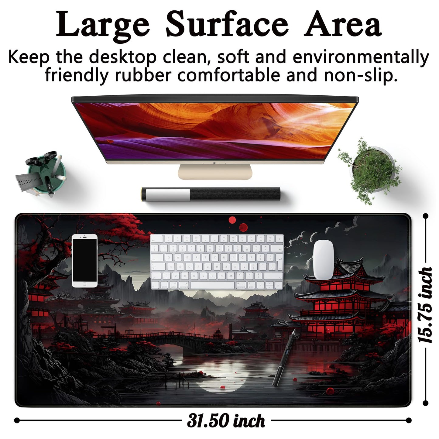 Japanese Desk Mat Riverside Full Moon Desk Pad Black Red Large Mouse Pad Gaming Mousepad Extended XXL Keyboard Pad 31.5 x 15.7 in Laptop Computer Mouse Keyboard Mat for Office Desk Decor