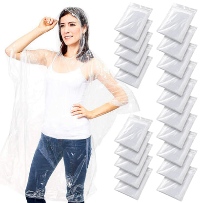 Juvale 20-Pack Disposable Rain Ponchos for Adults with Hood - Lightweight Emergency Plastic Poncho for Outdoor Events, Travel, Camping, Hiking, and Festivals - Clear