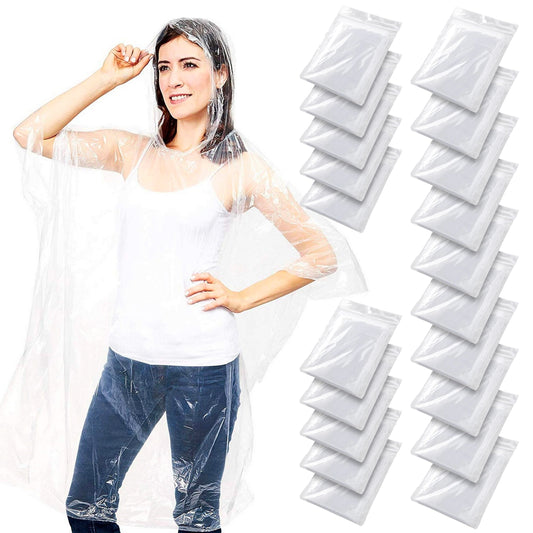 Juvale 20-Pack Disposable Rain Ponchos for Adults with Hood - Lightweight Emergency Plastic Poncho for Outdoor Events, Travel, Camping, Hiking, and Festivals - Clear