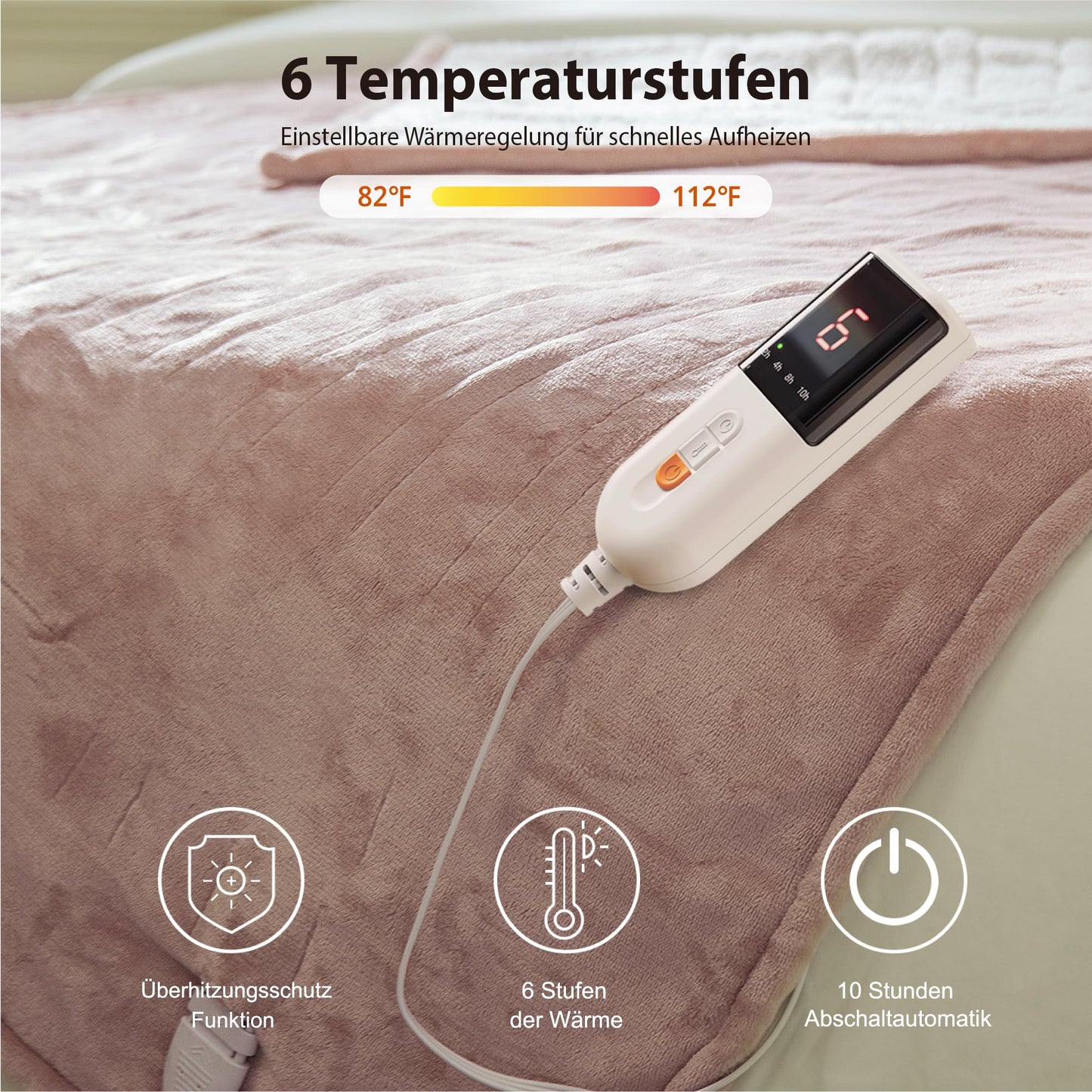 GOTCOZY Electric Blanket 130 x 180 cm Soft Silky Plush Heat Blanket Electric Blanket 6 Heat Settings and 10 Hours Auto-Off Timer Overheating Protection CE Certified Cuddly Blanket for Bed and Office