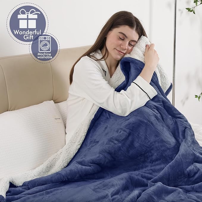 Heated Blanket Full Size, Soft Cozy Flannel Sherpa Electric Blanket with Fast Heating & Overheat Protection, Machine Washable Heating Blanket with Timer for Bed Camping Office, 72" x 84", Navy Blue