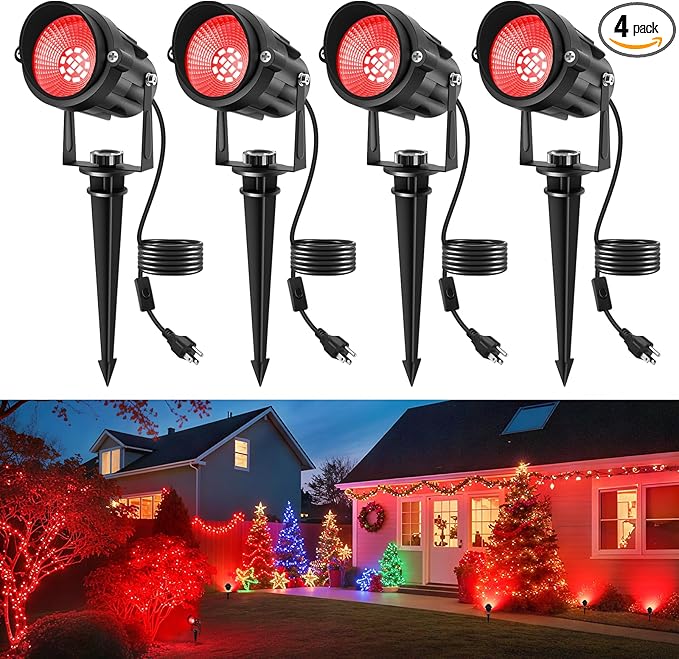 Christmas Red Landscape Lights Outdoor, 14 LED Landscape Lighting with US Plug, IP65 Waterproof Spotlights for Tree Yard Garden Pathway Halloween Decor 4 Pack