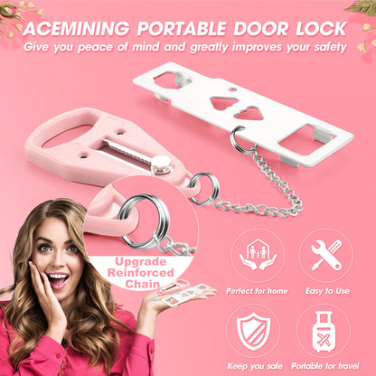 AceMining Portable Door Lock Home Security Door Locker Travel Lockdown Locks for Additional Safety and Privacy Perfect for Traveling Hotel Home Apartment College-Pink(1 Pack)
