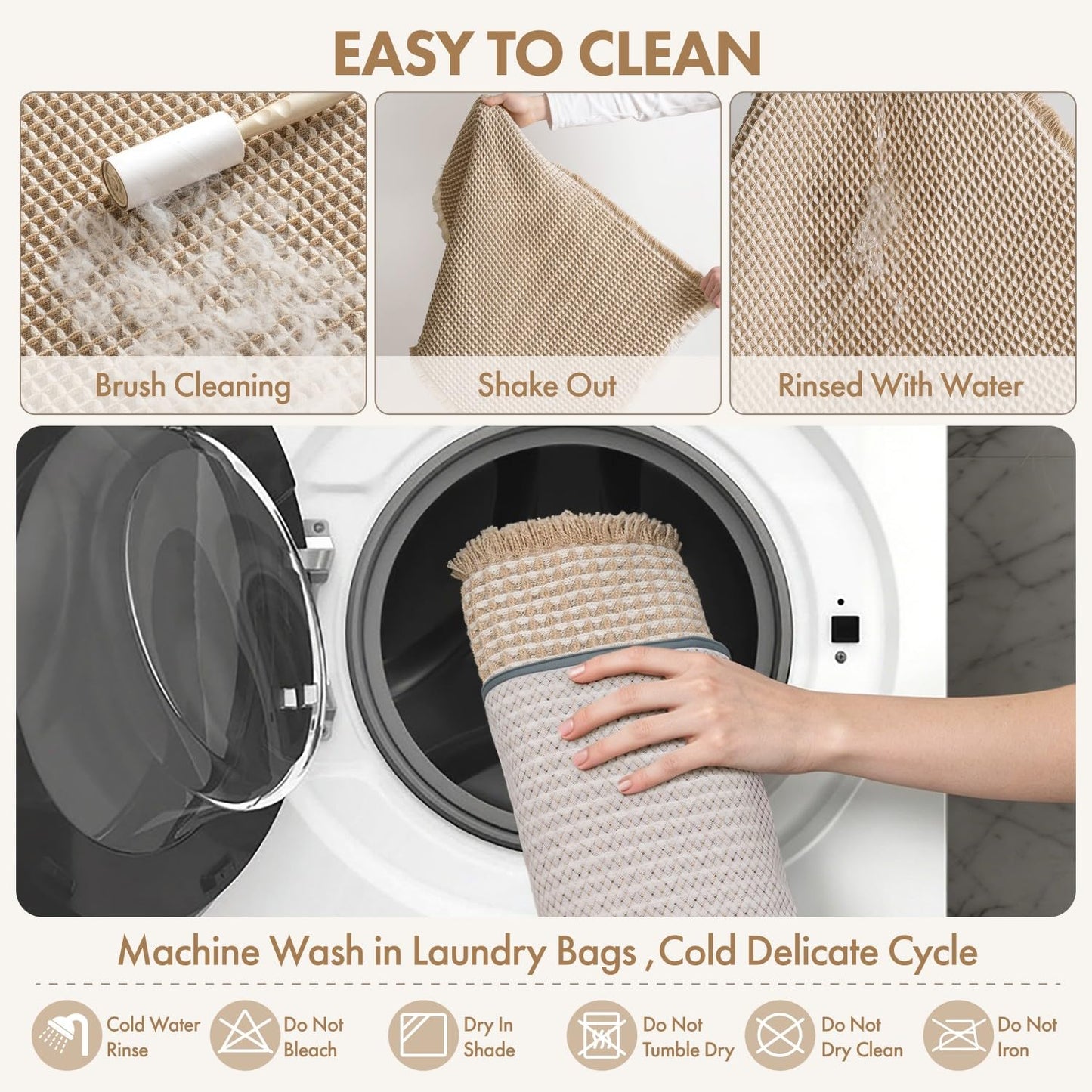 MIULEE Waffle Bathroom Runner Rugs, Super Absorbent Non Slip Bath Rug, Soft Quick Dry Washable Boho Large Beige Bath Mat with Tassels for Hallway Laundry Room Bedroom, 2'x6' (24"x72"), Brown & White