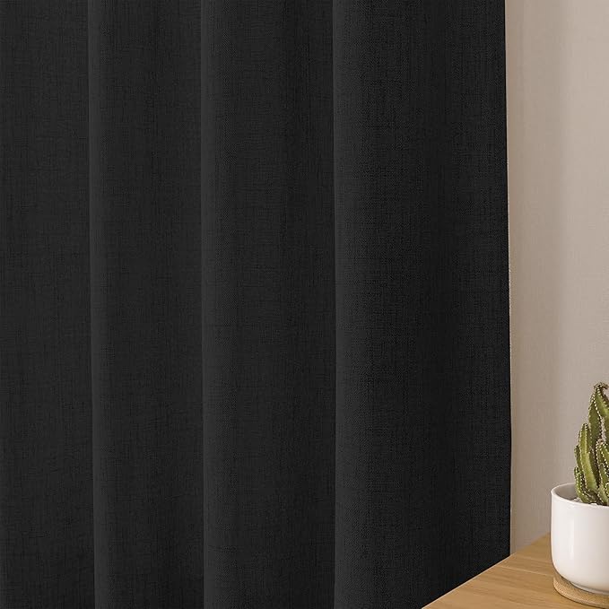 Tollpiz Short Linen Curtains Bedroom Rod Pocket Semi Sheer Curtain Burlap Light Filtering Thick Linen Drapes for Living Room, 38 x 45 inches Long, Black, Set of 2 Panels
