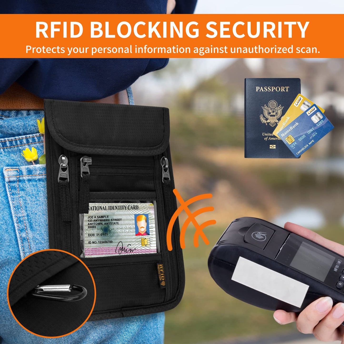 HOTEMIA Neck Wallet for Travel,Passport Holder Neck Pouch for Men Women with Adjustable Neck Strap and RFID Blocking (Orange)