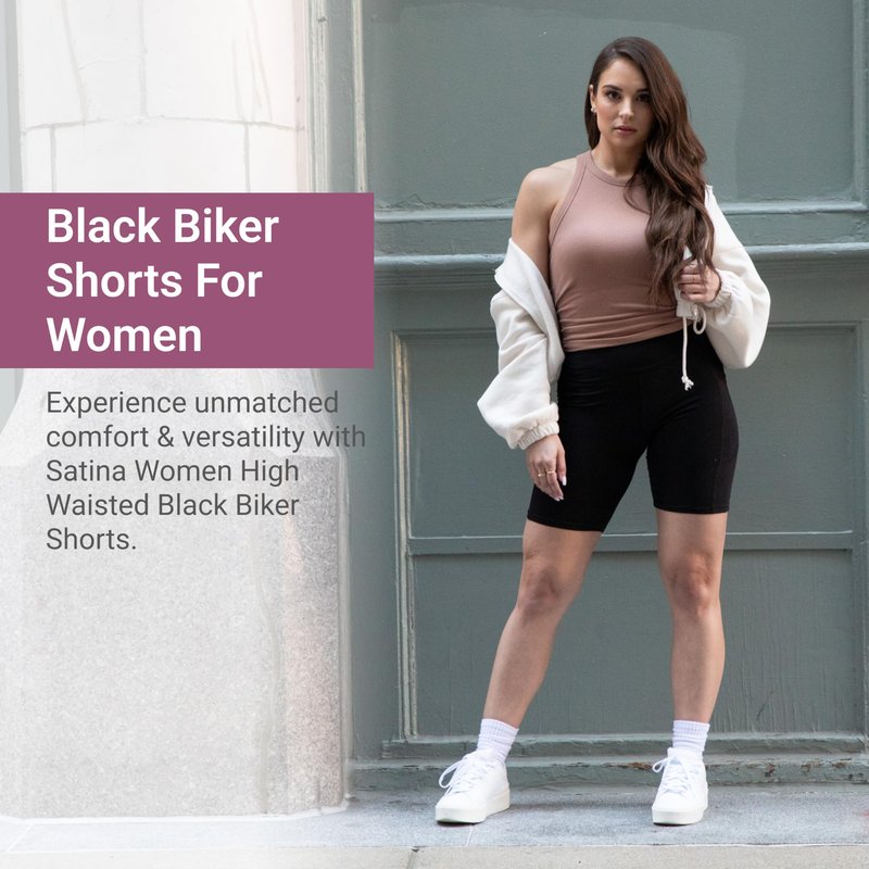 SATINA Biker Shorts for Women – 5-Inch High Waist Yoga Shorts with Pockets – Buttery Soft, Stretchy Peach Skin Fabric – Tummy Control & Moisture-Wicking – Black, Medium – Regular & Plus Sizes