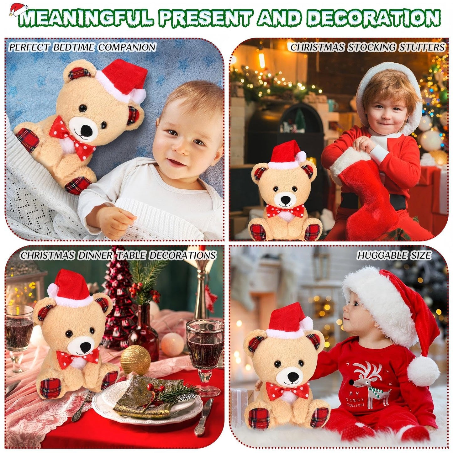 Threan 8 Inch Christmas Stuffed Animal Christmas Plush Doll with Santa Hat for Holiday Decoration Winter Gifts(Little Bear Style)