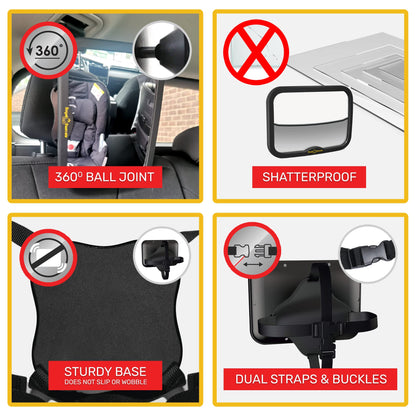 Royal Rascals Baby Car Mirror for Back Seat - Shatterproof Car Rear View Mirror w/360° Rotation, Adjustable Straps & Strong Mount, Essentials for Newborn Safety + Baby on Board Sign, Black