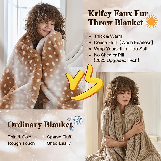 Krifey Faux Fur Blanket for Dorm Bed, Soft Couch Throw, Cozy Fuzzy Plush Thick Warm Blanket, Faux Rabbit Fleece, Christmas Birthday Gifts for Girls Women Mom, Room Decor, Deer Print, 60x80in