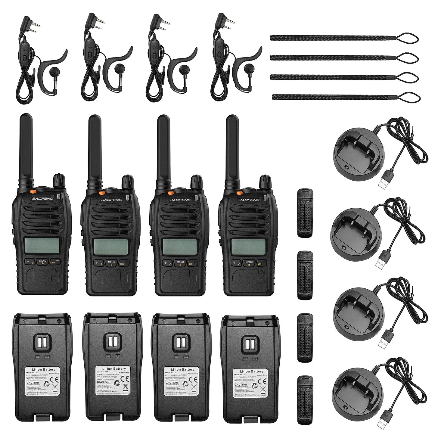 BAOFENG BF-88ST Pro Walkie Talkie, Upgraded Long Range Rechargeable License-Free PMR446 Two Way Radios with LCD Display, VOX Dual Watch, Desktop Charger and Earpieces, 4 Pack