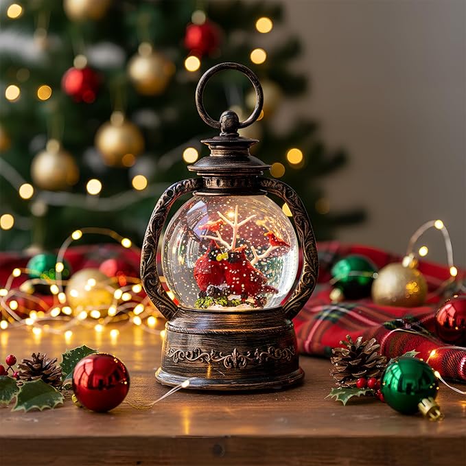 Christmas Snow Globe Lantern Water Glittering Cardinal with Music, USB Lined/Battery Operated Lighted Lantern for Christmas Festival Decoration Gifts