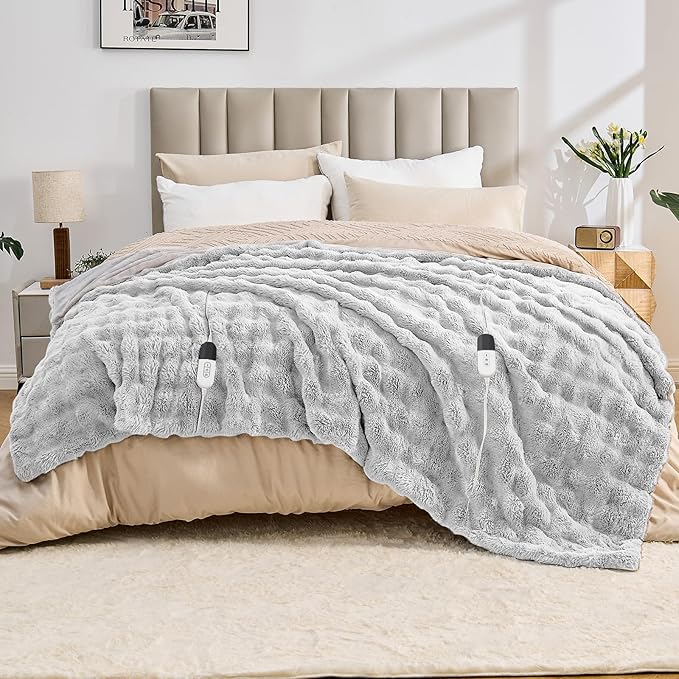 Heated Blanket Electric Throw Blanket 84''X 90''-Heating Blanket with 6 Heat Settings-10 Hours Auto Off,Cozy Faux Rabbit Fur Bubble Electric Blanket,Light Gray