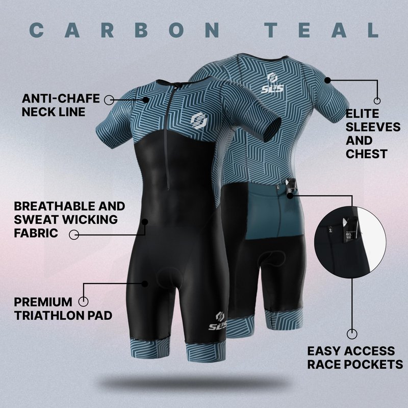 SLS3 Triathlon Suits Mens - Aerodynamic Sleeved Tri Suit Men – Lightweight Trisuit with Premium FX Fabrics - 2 Pockets (Carbon Teal, Small)