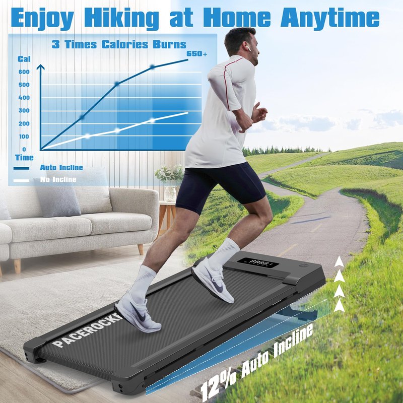 PACEROCKER Walking Pad Treadmill with 12% 9-Level Auto Incline, 450 lbs Capacity Bluetooth Speaker Under Desk Treadmills for Home Hiking, Black