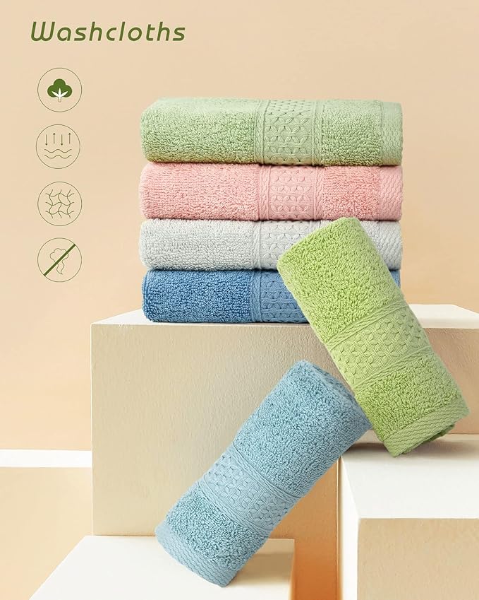 Cleanbear Pure Cotton Wash Cloths Face Cloths, 6 Colors per Set, 13 x 13 Inches