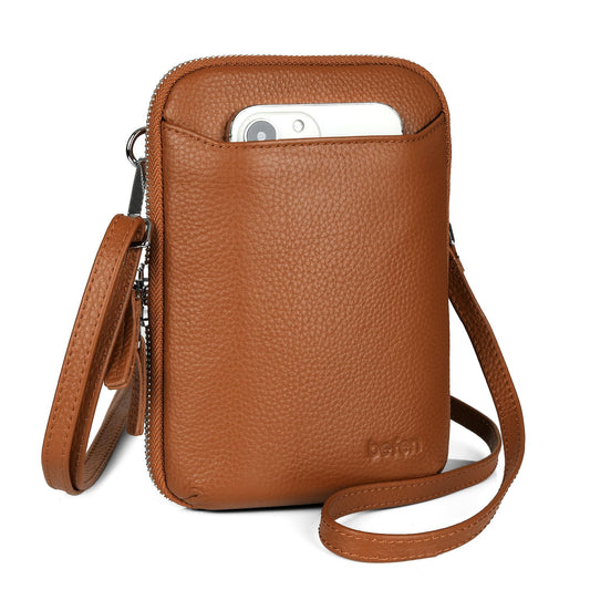 befen Genuine Leather Brown Small Crossbody Bag Wallet Purse RFID Purses for Women Crossbody Anti Theft - Cognac Brown