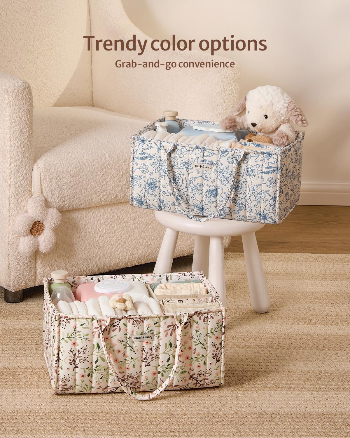 Blissful Diary Floral Diaper Caddy Organizer, Stylish Nursery Storage Basket, Gift for Baby Shower, Baby Registry Must Have, Newborn Essentials, Pastoral Daisy