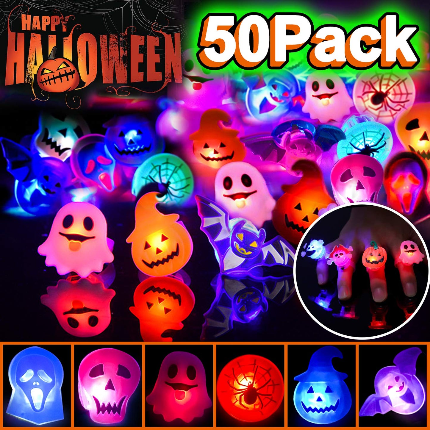 50 Pack 3D Halloween LED Glow Ring, Light Up Toys Glow in the Dark Birthday Halloween Party Favors Decorations Supplies for Kid Adults Flash Finger Rubber Ghost Pumpkin Skeleton LED Finger Lights
