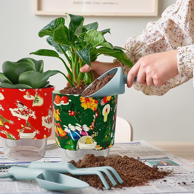 Print Flowerpots Round Plant Pots - 2 Pack Outdoor Garden Planter Plastic Indoor Modern Decorative Succulent Houseplant Pot with Drainage Christmas Day 4FP-CMRG