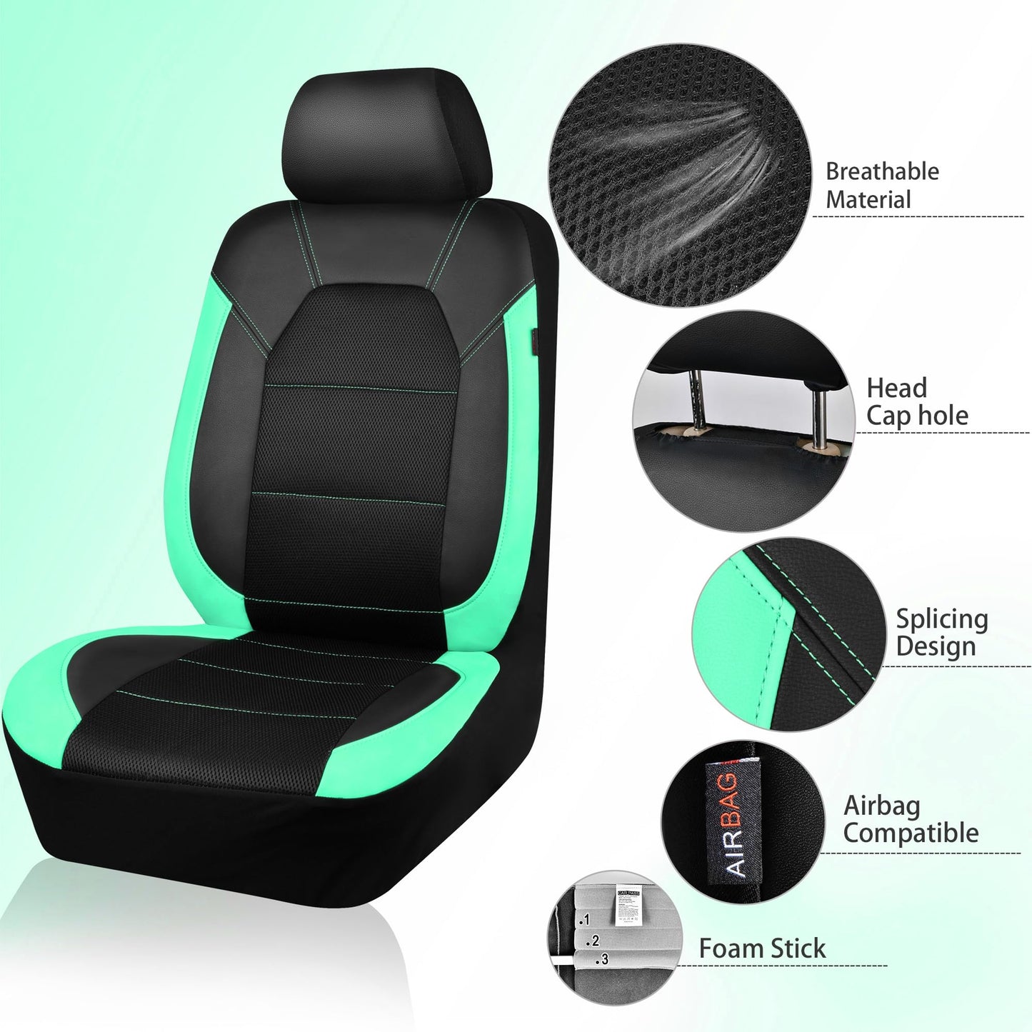 CAR PASS Leather Seat Covers, Breathable Universal Car Seat Cover Full Set for Cute Women Girly,Super 5mm Composite Sponge Inside,Airbag Compatible Fits Most Auto,SUVs,Trucks,Vans(Full Set,Black&Mint)