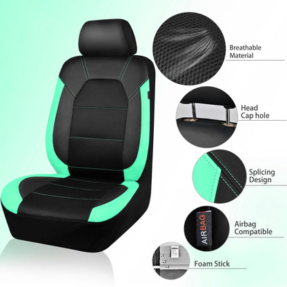 CAR PASS Leather Seat Covers, Breathable Universal Car Seat Cover Full Set for Cute Women Girly,Super 5mm Composite Sponge Inside,Airbag Compatible Fits Most Auto,SUVs,Trucks,Vans(Full Set,Black&Mint)