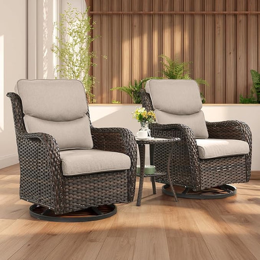 Rilyson Wicker Rocking Chair Swivel Chairs - 3 Piece Rocker Patio Furniture Set Rattan Rocking Bistro Sets with Glass Top Side Table for Outdoor Porch Deck Garden Backyard (Brown/Beige/Smile)