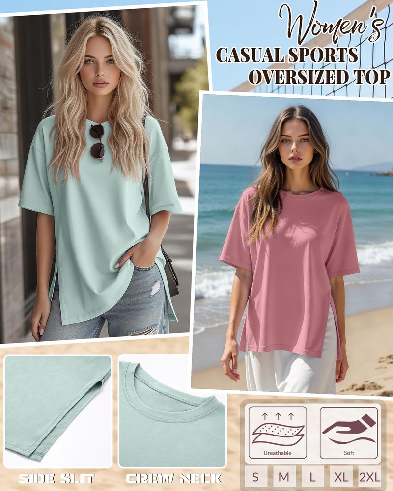 Huukeay 3 Pack Women's Oversized Gym T Shirts Short Sleeve Side Split Crewneck Tops Casual Summer Workout Baggy Basic Tee