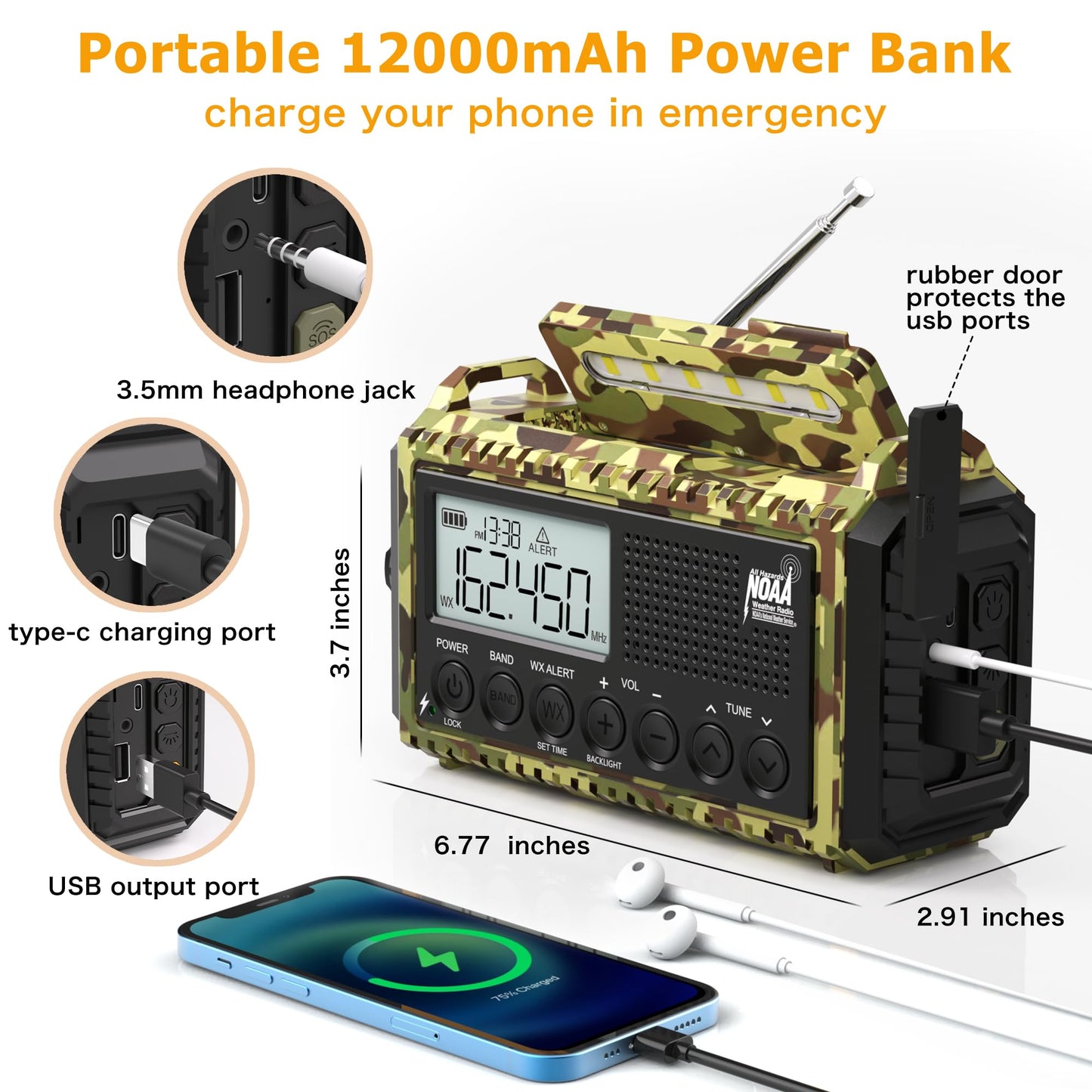 12000mAh/44400mWh Weather Radio, Hand Crank Emergency Radio Portable AM FM Shortwave, Solar Rechargeable Battery Powered Radio with NOAA Alert, USB-C Charger & Adapter, SOS Flashlight for Emergency