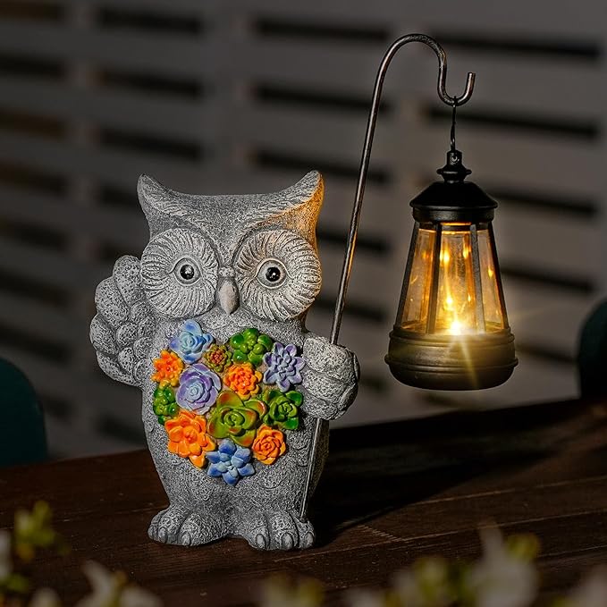 Solar Owl Garden Statue with Succulent Decor & Hanging Lantern – Outdoor Resin Decor for Patio, Yard, Balcony – Unique Gift for Women, Gardeners