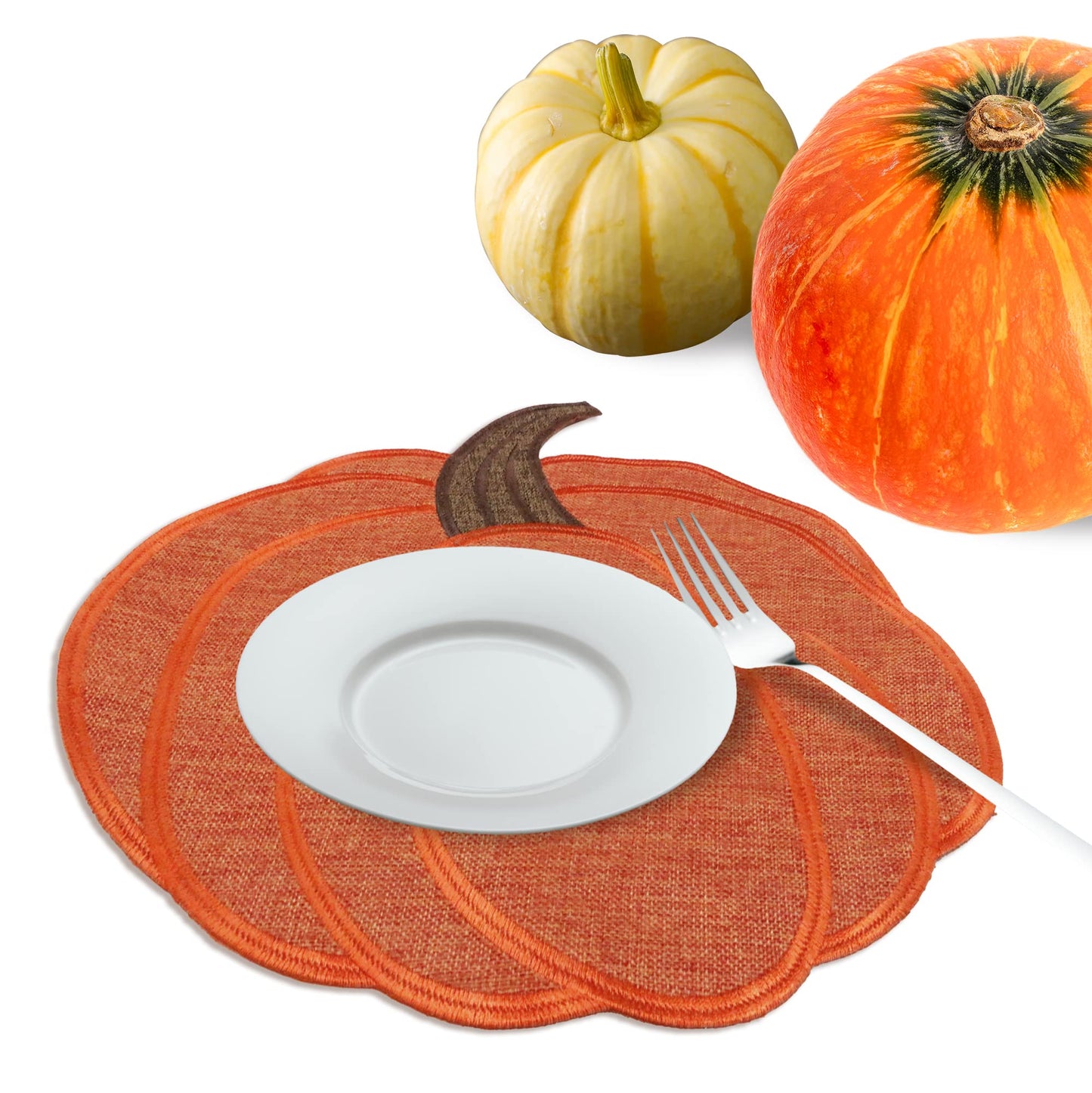 OWENIE Thanksgiving Harvest Pumpkin Placemats 15 x 15 Inch, Set of 4, Embroidered Diecut Place mats, Fall Autumn Home Decorations, Orange Table Mats for Halloween Kitchen Dinning Room, 15 Inch Round