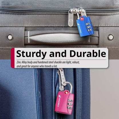 Fosmon TSA Approved Locks for Luggage. Suitcase Locks with Open Alert Indicator, 3 Digit Combination Padlock with Alloy Body for Travel, Backpack Zipper Anti Theft, Locker, Gym, Gun Case, Tent- 4 Pack