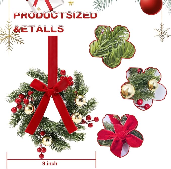 4PCS 9''Mini Wreaths for Cabinets with Ribbon Bows Red Berry Gold Ball, Small Wreath Hanging for Xmas Wall Farmhouse Window Door