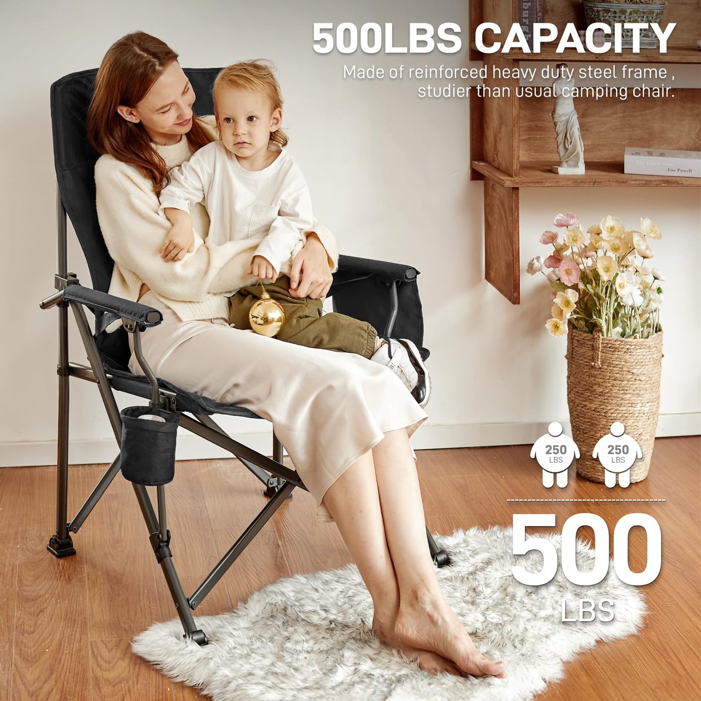 EVER ADVANCED Oversized Folding Camping Chair for Adults with Adjustable Lumbar Support, Heavy Duty Chair with Side Pockets, Portable Collapsible Quad Chair for Outside, Support Up to 500lbs,Black