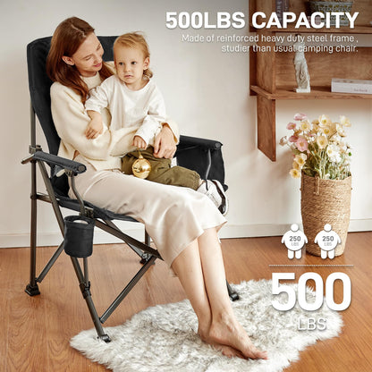 EVER ADVANCED Oversized Folding Camping Chair for Adults with Adjustable Lumbar Support, Heavy Duty Chair with Side Pockets, Portable Collapsible Quad Chair for Outside, Support Up to 500lbs,Black