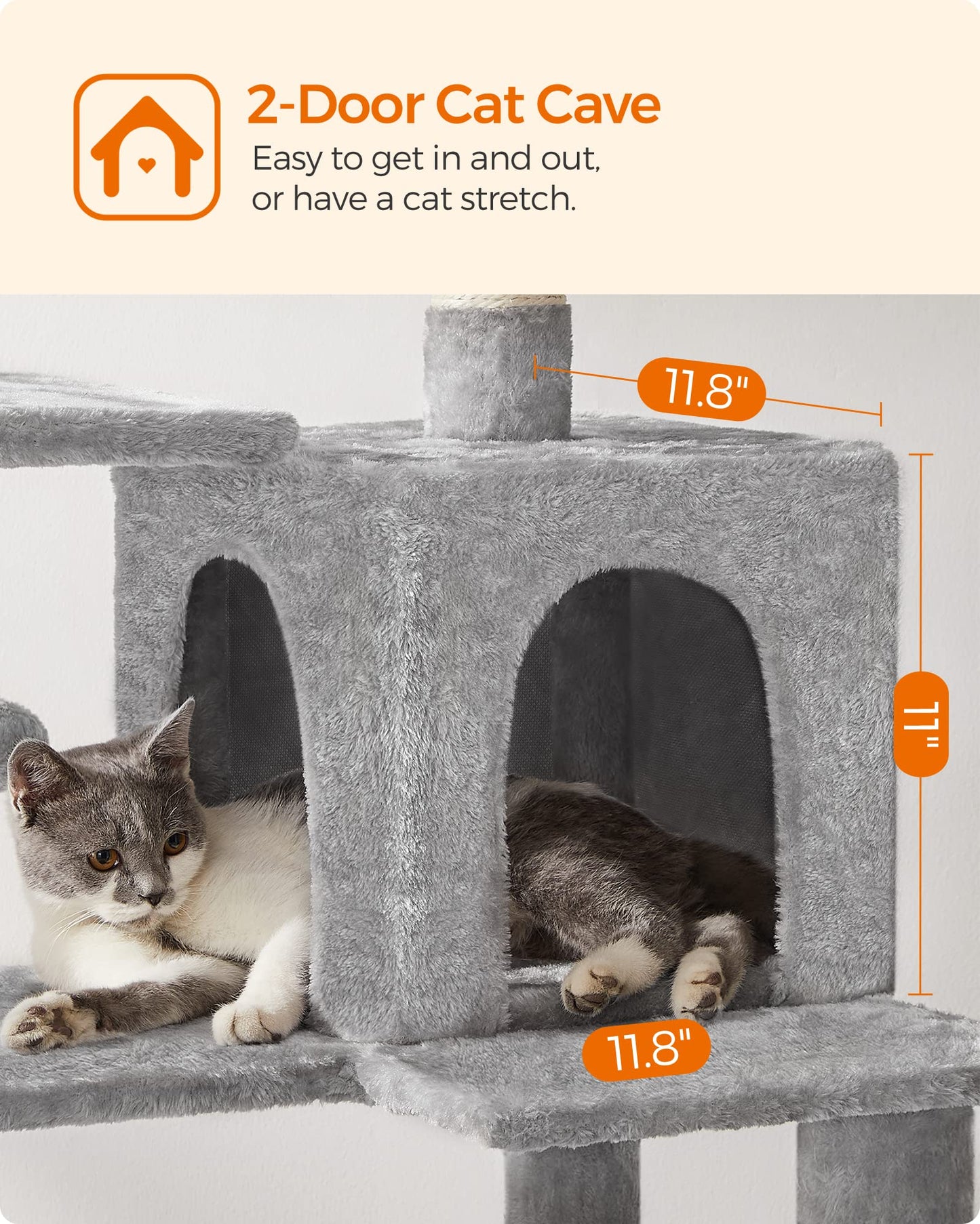 Feandrea Cat Tree, 143 cm Multi-Level Plush Cat Condo with 4 Scratching Posts, 2 Perches, Cave, Hammock, Pompoms, Light Grey