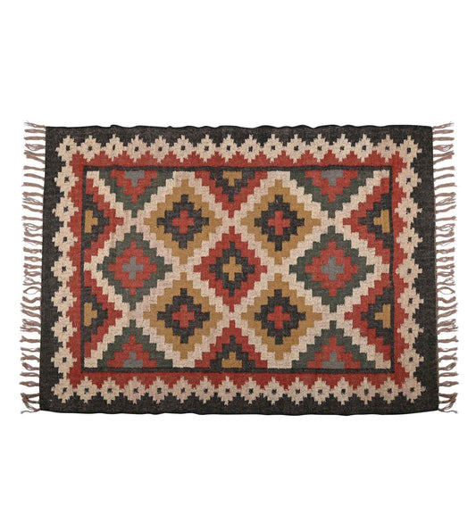 Geometric Kilim Wool Jute Rug - Natural Handwoven Flatweave, Bohemian Southwestern Style, Sustainable and Eco-Friendly Vintage Tribal Design, Perfect for Living Room or Bedroom, Multicolor 4X6