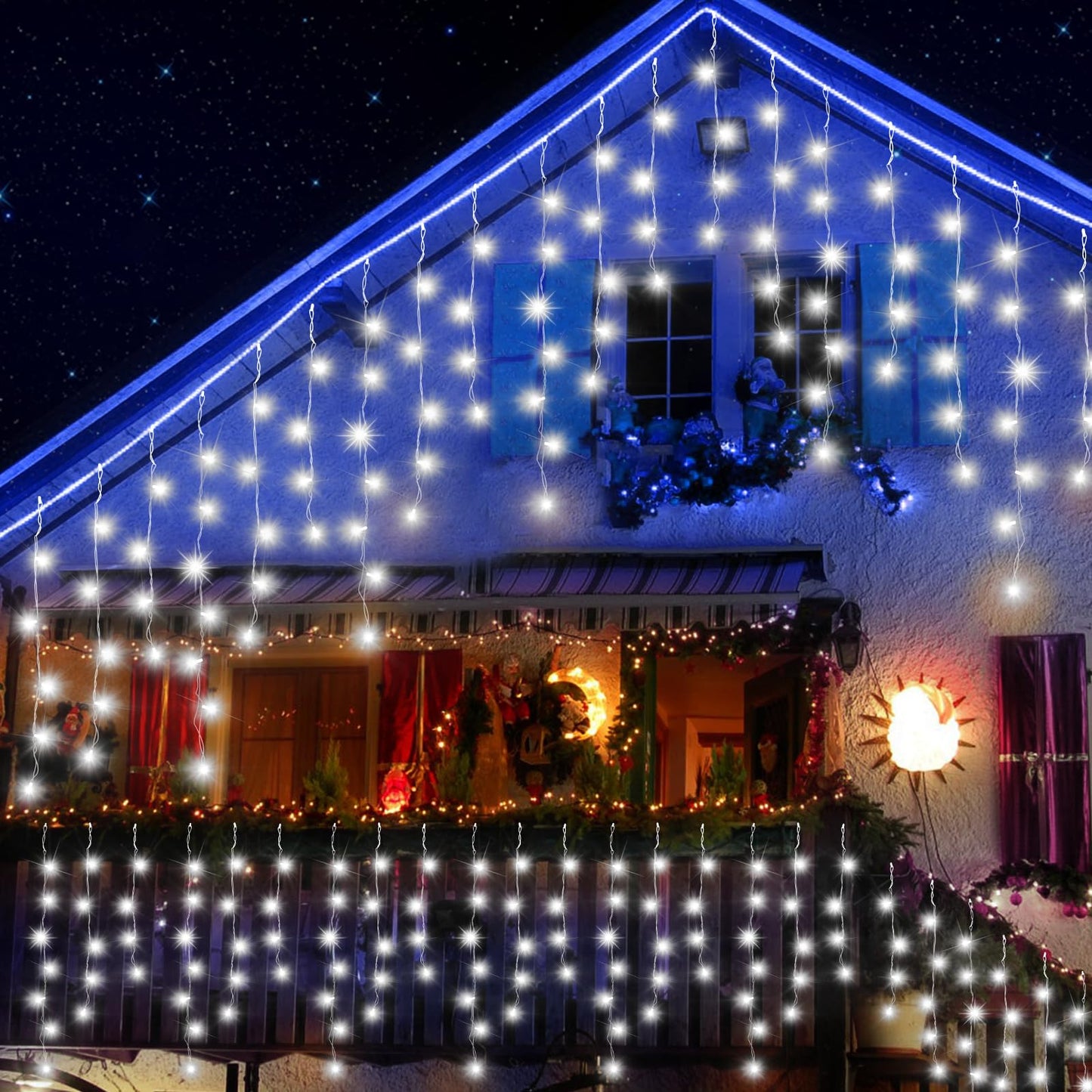 JREWDOIN 131FT Christmas Lights Outdoor 1440 LED Christmas Decorations Waterproof Plug in with 8 Modes & Timer Christmas Lights for Roof Party Garden Holiday Decor (Cool White)