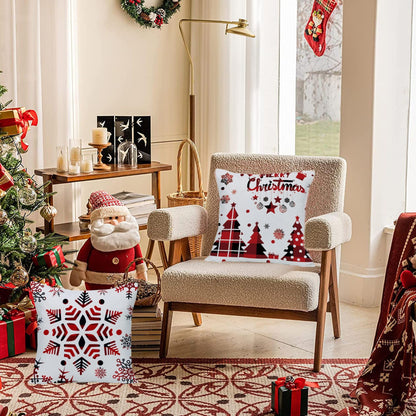 Wilproo Set of 4 Happy Winter Snowflake Merry Christmas Tree Red Castle Deer with Snowman Velvet Throw Pillow Case Cushion Cover Decorative for Sofa Living Room Square 22X22 Inches