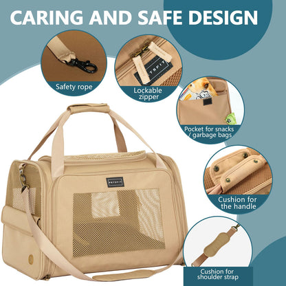 Petsfit Large Cat Carrier, Lightweight Travel Use Pet Carrier for Small Dogs and Cat, Dog Carriers with Expandable mat, Upgraded Large Space Soft Sided Pet Travel Carrier, Khaki