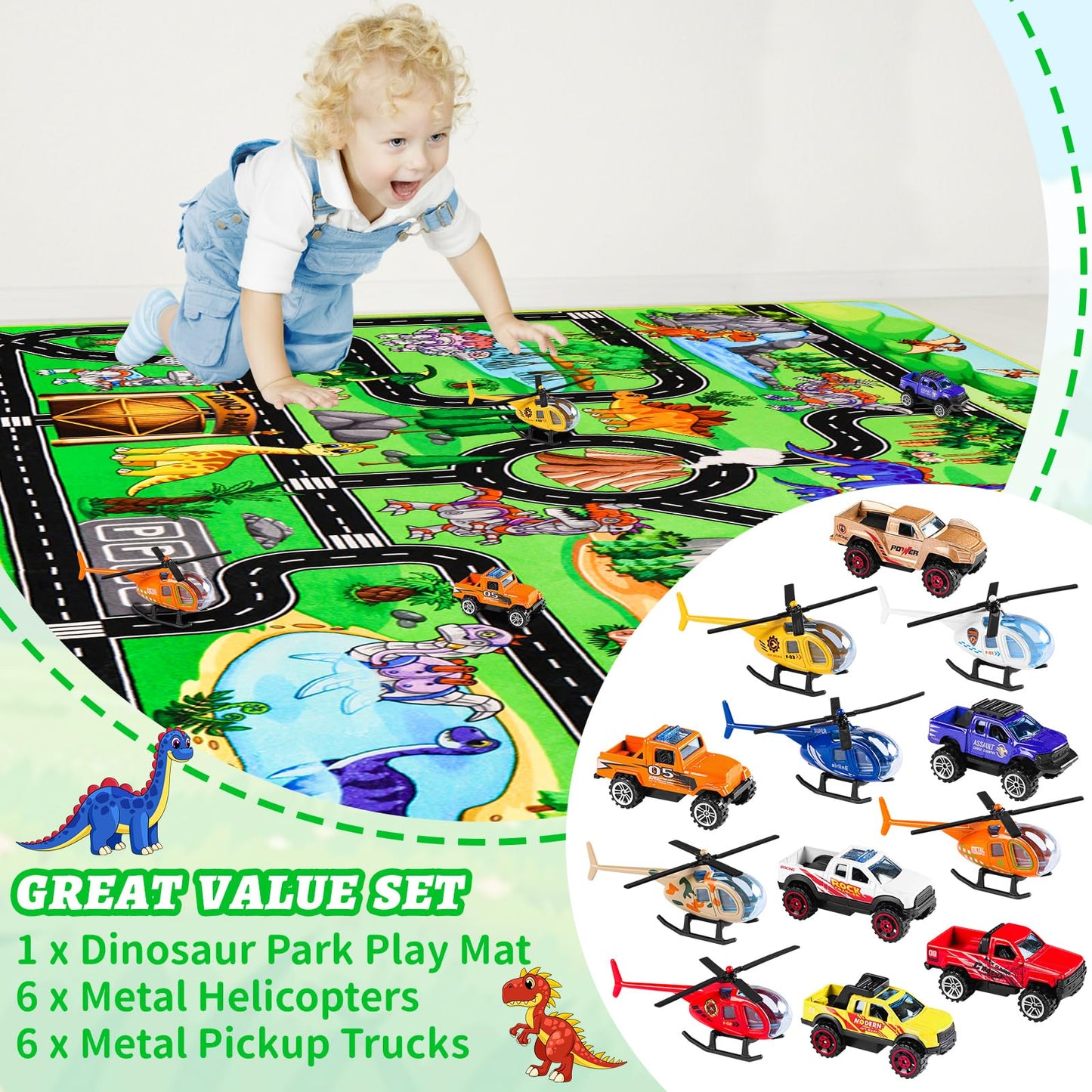 DINSUMRUG Dinosaur Play Rugs Gift Set, Jurassic Car Rug with 12 Metal Vehicles (6 Helicopters + 6 Pickup Trucks), 59"×39.4" Kids Car Play Mat, Dino Park Adventure Rug for Boys Girls 3-8 Years