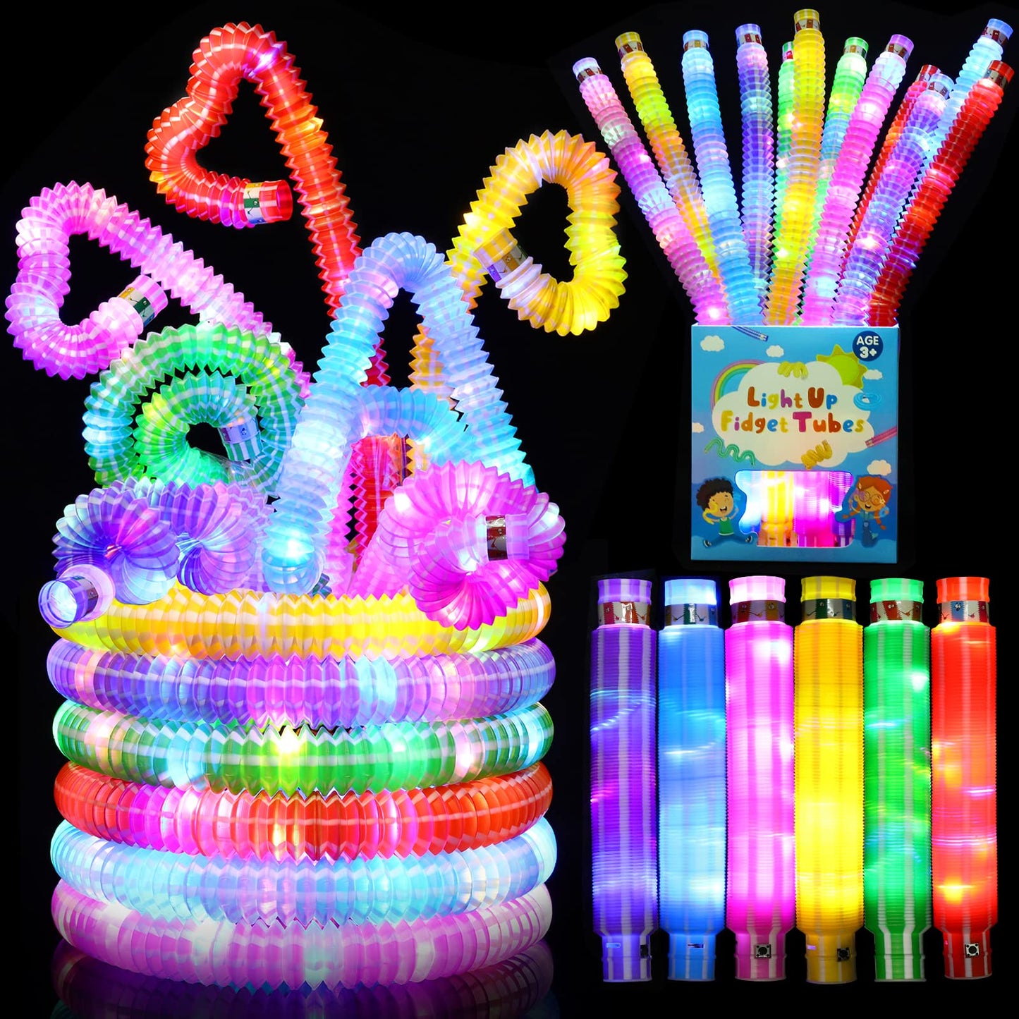 Vheex 24 Pack Glow Sticks Classroom Party Favors for Kids 4-8 8-12, Halloween Goodie Bags Stuffers Light Up Sensory Pop Tubes, Glow Necklaces Bracelets Party Supplies, 2025 Birthday Return Gifts