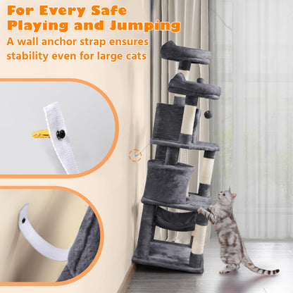 Yaheetech 158cm Multi-level Cat Tree Tower Large Kitten Scratching Posts with Condos/Perches/Hammock Broad-space Kitten Activity Centre, Dark Grey