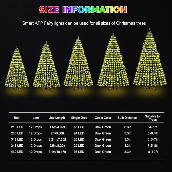 30+ Modes Ring Christmas Tree Lights Indoor Outdoor - 10Ft x 12 Lines 432 LED Easy App Control Color Changing Timer Remote Waterproof for 7.5 8 9 10 11 Ft Xmas Trees (Warm White to Multicolor)