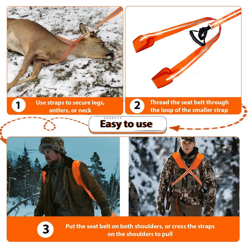 Vecacosic Deer Drag Strap And Harness Heavy Duty Safety Reflective Orange Deer Dragging Rope with Widen and Extended Shoulder Pads, Hunting Accessories Gift for Hunters, 500lbs Load Capacity