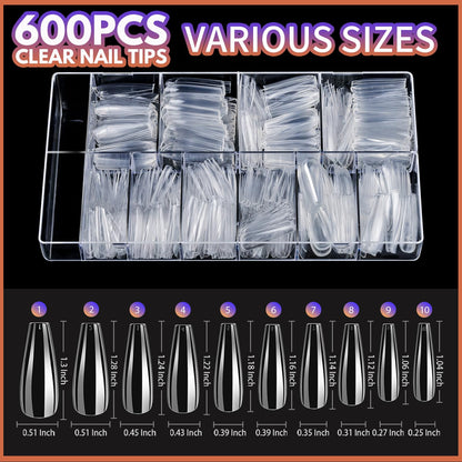 Teenitor Clear Coffin Nail Tips Set, Long Acrylic Nail Kit Full Cover Clear Press On Nails, 600 Pcs Fake Nails with Glue, Acrylic Nail Clipper Files and Buffer Polisher