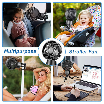 20000mAh Portable Stroller Fan, 120° Auto Oscillation, 3-IN-1 with Power Bank LED Light Detachable Flexible Tripod Rechargeable Battery Powered Clip On Fans Desk for Baby Crib Car Seat Travel
